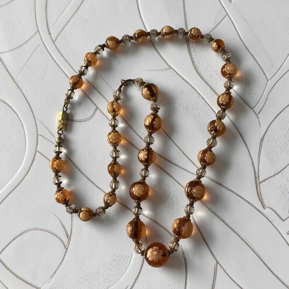 Vintage Italian Art Murano Glass Golden Honey Bead Knotted Necklace